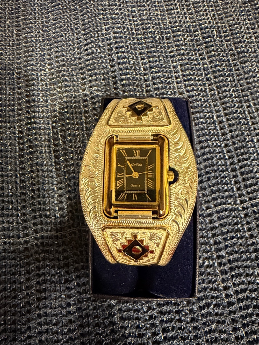 Montana Silversmiths Gold-Tone Engraved Cuff Watch with Black Dial